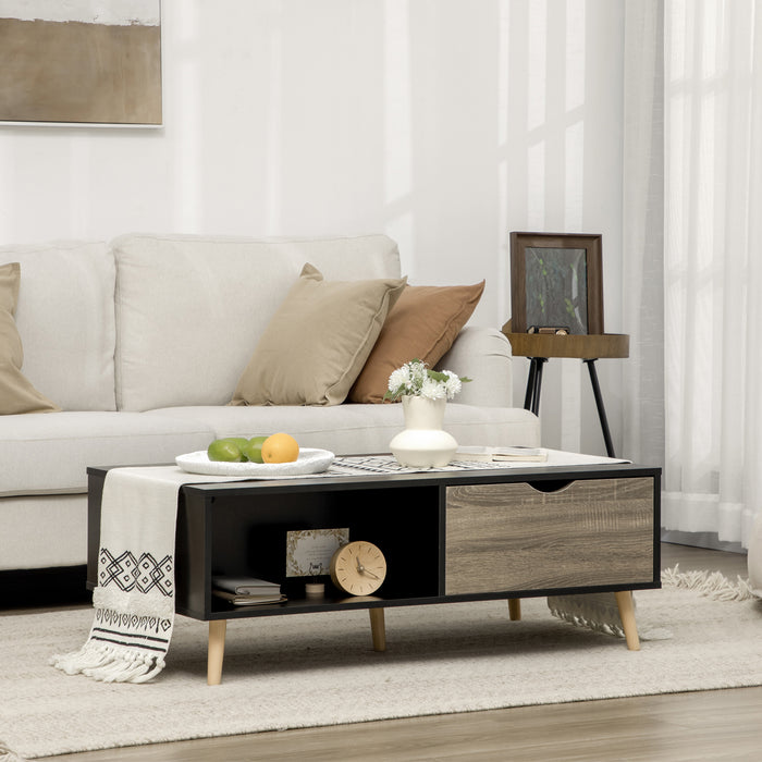 Modern Black Coffee Table with Storage - Open Shelves & Dual Drawers, Solid Wood Legs - Stylish Centerpiece for Living Room or Bedroom