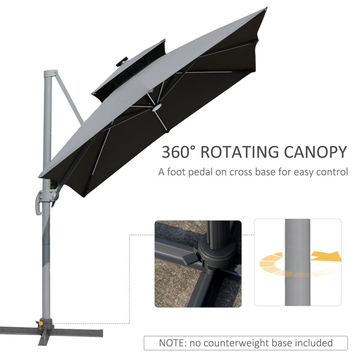 3M Cantilever Parasol - Solar LED Lighted Offset Patio Umbrella with Tilt and Crank, Hanging Sun Shade Canopy, Cross Base - Ideal for Outdoor Relaxation and Nighttime Ambiance