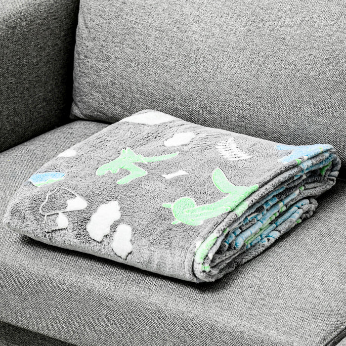 Kids Dinosaur Luminous Throw - Glow-in-the-Dark Flannel Fleece Blanket, Fluffy and Warm, 203x153cm in Grey - Cozy Night Comfort for Children