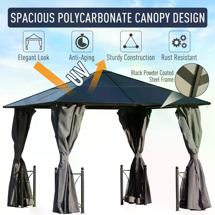 Hardtop Gazebo Canopy with Polycarbonate Roof 3 x 3m - Steel & Aluminium Garden Pavilion, Mosquito Netting and Curtains in Black - Ideal Outdoor Shelter for Entertainment and Relaxation