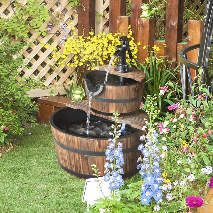 Rustic Barrel-Designed Water Fountain - Wooden 2-Tier Cascading Water Pump Feature for Gardens and Decks - Outdoor Relaxation and Ambient Decor