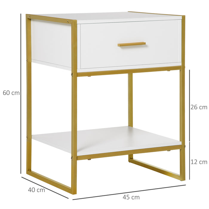 Modern White and Gold Bedside Table with Drawer - Elegant Cabinet with Shelf for Storage Organization - Ideal for Bedroom and Living Room Spaces