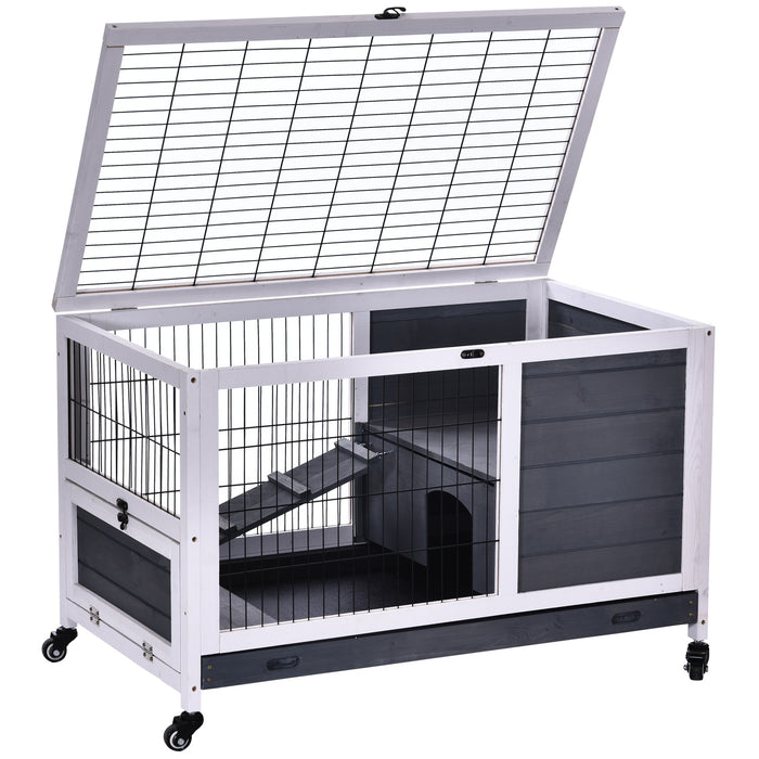 Fir Wood Lift-Top Rabbit Hutch - Indoor Enclosure with Elevated Design in Grey - Perfect Habitat for Pet Bunnies