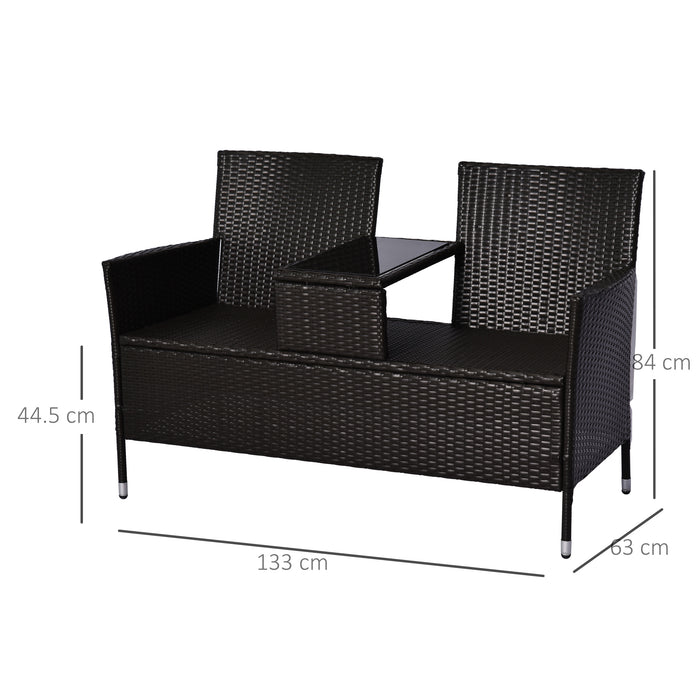 2-Seater Rattan Dining Chairs with Drink Table - Wicker Loveseat Outdoor Patio Armchair, Garden Furniture in Dark Brown - Ideal for Couples' Al Fresco Dining and Patio Relaxation