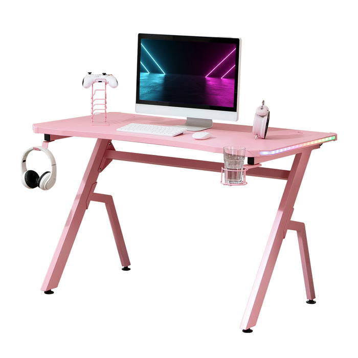 Ergonomic Racing Gaming Desk with RGB LED Lighting - Pink Home Office Computer Workstation with Controller Rack and Cable Management - Designed for Gamers and Streamlined Workspace