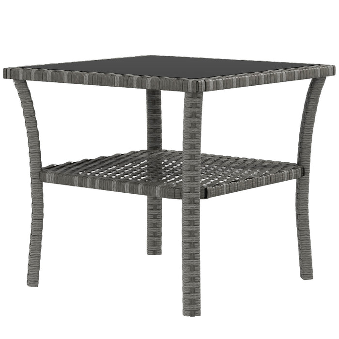 PE Rattan Wicker Coffee Table - 50cm Two-tier Outdoor Side Table with Glass Top - Ideal for Patio, Garden, Balcony in Grey