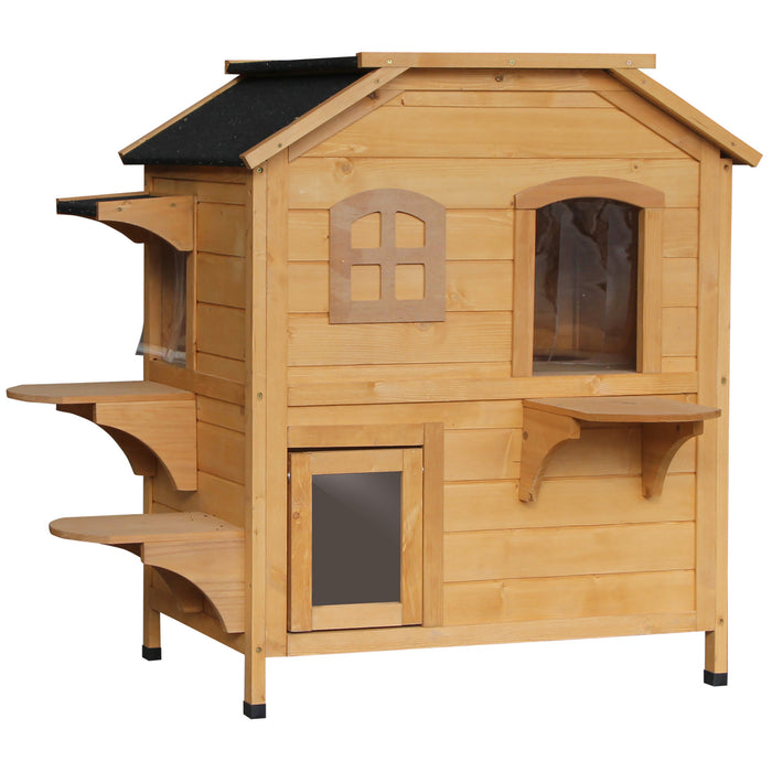 Cat Haven Wooden Cat House - 2-Level Condo & Cave Shelter for Pets - Outdoor Villa with Natural Wood Finish for Feline Comfort and Security