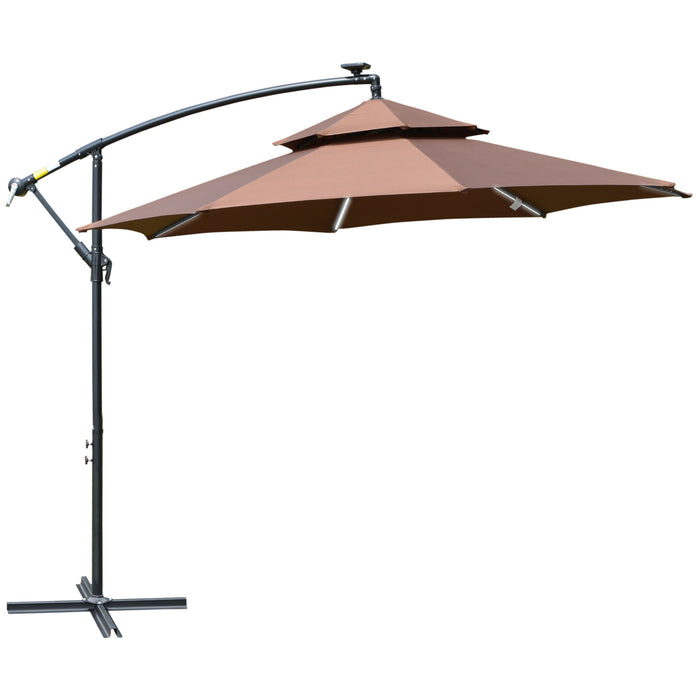 Cantilever 3m Parasol with Solar LED Lights - Double Roof Banana Hanging Umbrella, 8 Ribs, Crank Handle, Cross Base - Ideal for Outdoor Patio, Garden in Coffee Color