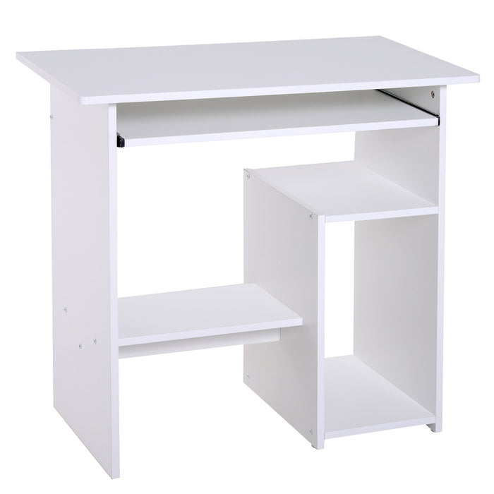 Modern White Wooden Office Desk - Corner Table with Keyboard Tray and Storage Shelf - Ideal for Home Office Organization