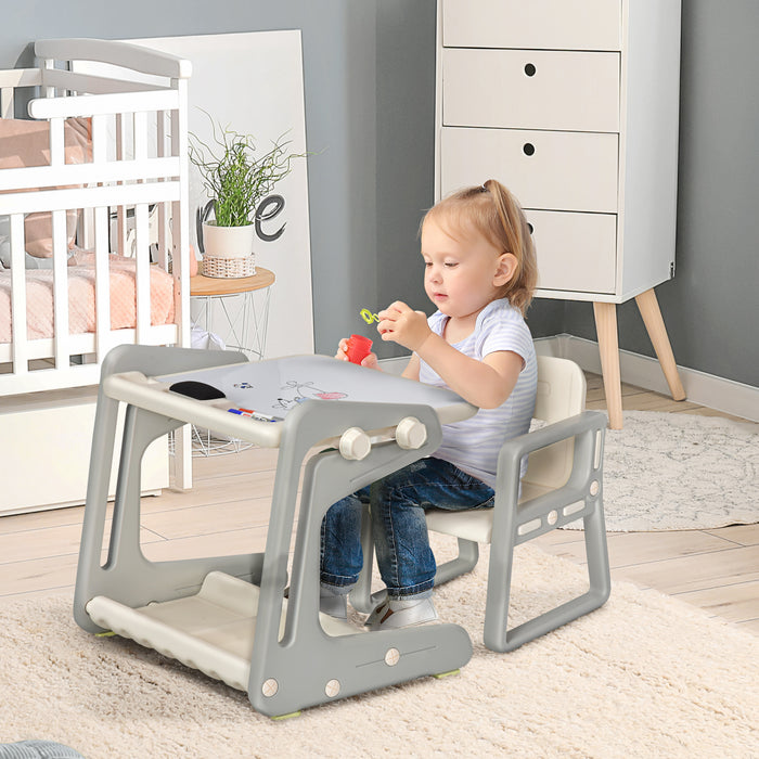 Kids 2-in-1 Study Table and Chair Set - Drawing Board Writing Desk with Whiteboard, Pens, Eraser, Storage - Creative Learning Furniture for Toddlers in Grey/White