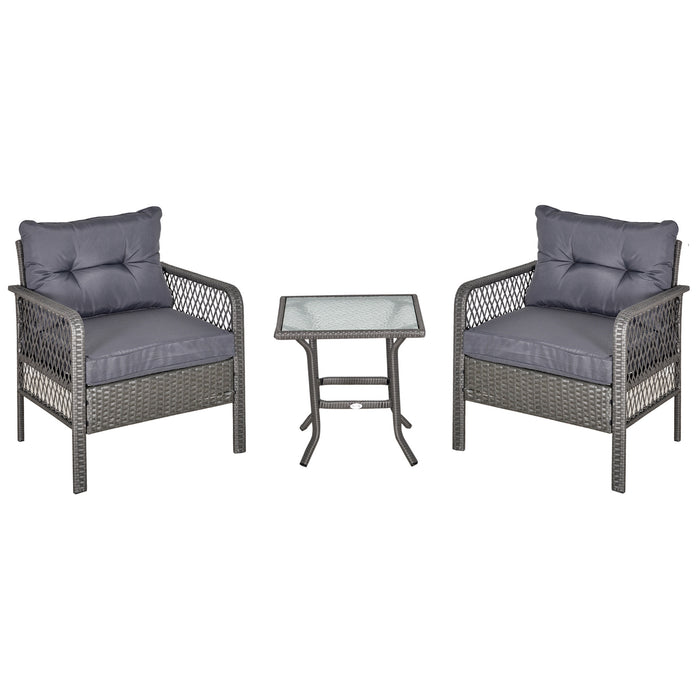 Outdoor Rattan Bistro Set - 2-Seater PE Wicker Patio Furniture with Coffee Table and Cushioned Armrest Chairs, Grey - Ideal for Garden and Balcony Conversations