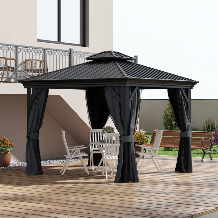 3 x 3.7m Aluminum Hardtop Gazebo - Two-Tier Vented Roof & Mesh Netting Sidewalls, Dark Grey - Ideal Outdoor Shelter for Patio Entertainment