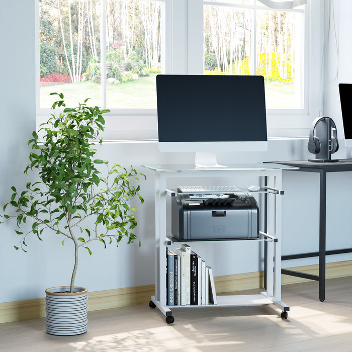 Mobile Glass Computer Desk - Wheeled Laptop Workstation with Sleek White Finish - Ideal for Home Office and Small Spaces