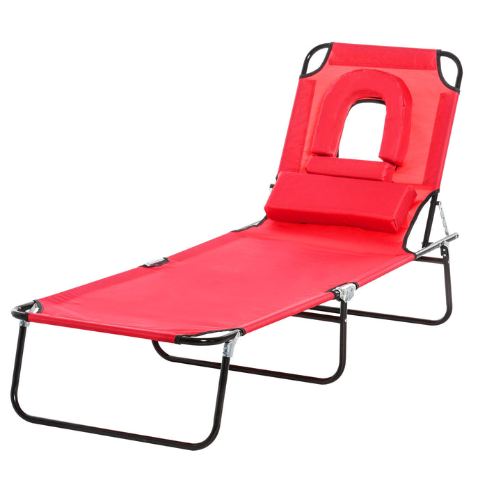 Foldable Red Sun Lounger with Adjustable Backrest - Reclining Chair with Pillow and Reading Hole for Outdoor Relaxation - Perfect for Garden, Beach, and Poolside Comfort