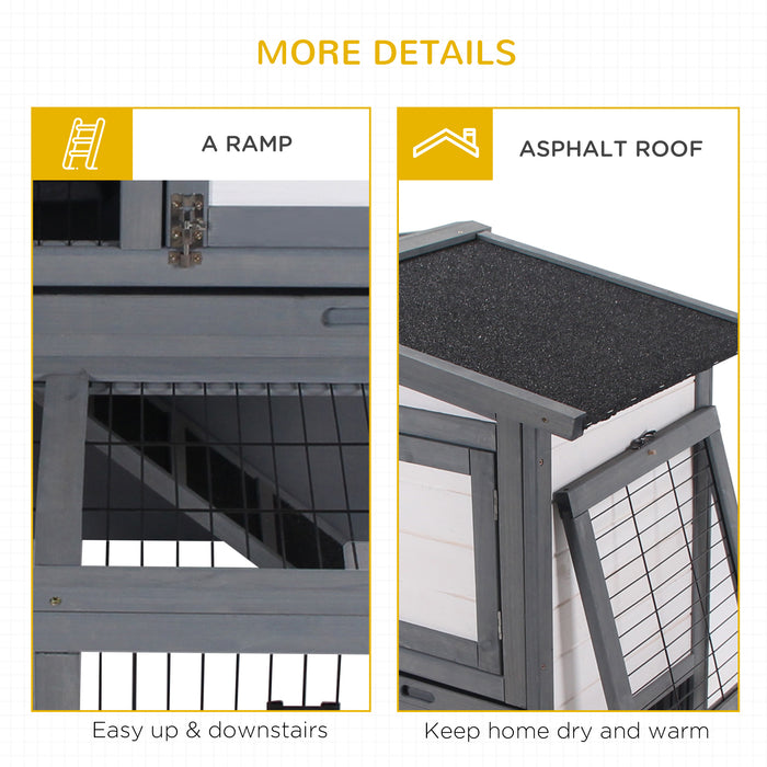 Wooden 2-Tier Rabbit Hutch with Ramp - Small Animal Cage with Slide-Out Tray and Openable Roof, Outdoor Run - Ideal for Rabbits and Small Pets, Grey, 101.5 x 90 x 100 cm