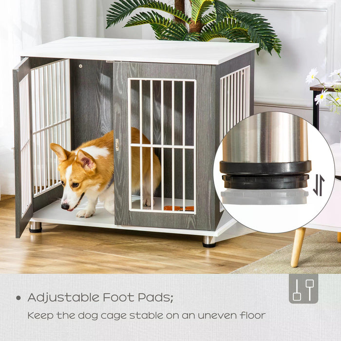 Elegant Wooden Dog Crate Kennel - Lockable Door, Adjustable Foot Pads, Modern Grey & White Design - Stylish Pet Enclosure for Home Safety and Comfort