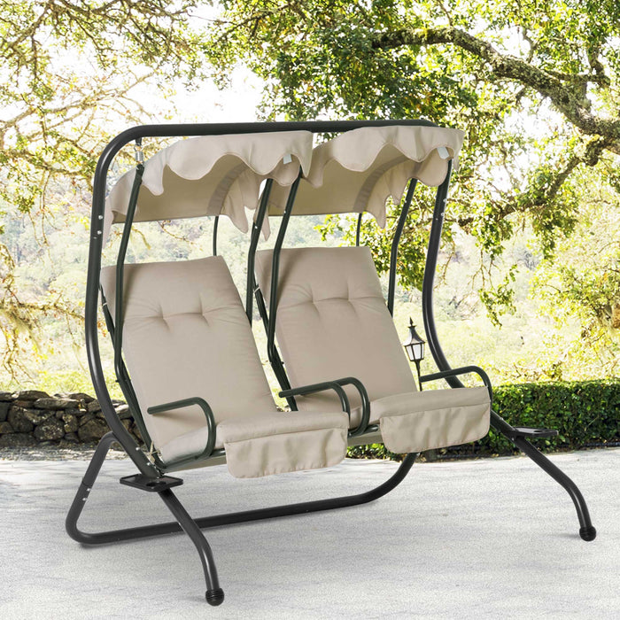 2-Seater Swing Chair with Cushions - Modern Dual Seating Outdoor Lounge Chair with Removable Canopy - Perfect for Patio Relaxation and Comfort in Beige