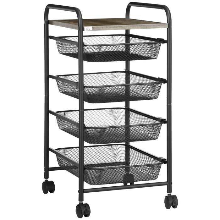 Rolling Utility Serving Cart with 4 Mesh Trays - Mobile Storage Solution for Kitchen & Living Room - Space-Saving Organizer with Wheels for Home Use