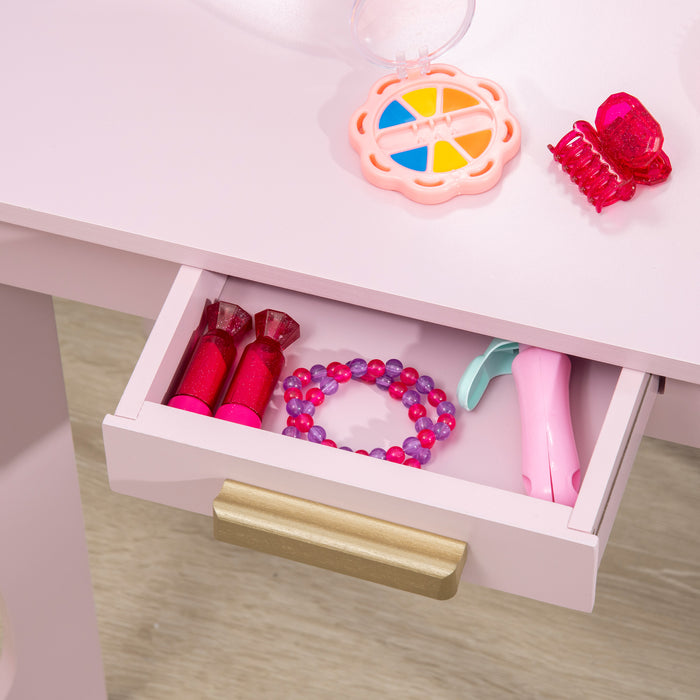 Kids Vanity Set with Stool and Mirror - Dressing Table with Drawer, Girls' Pink Makeup Desk - Perfect for 3-6 Year Old Children's Playtime and Creativity