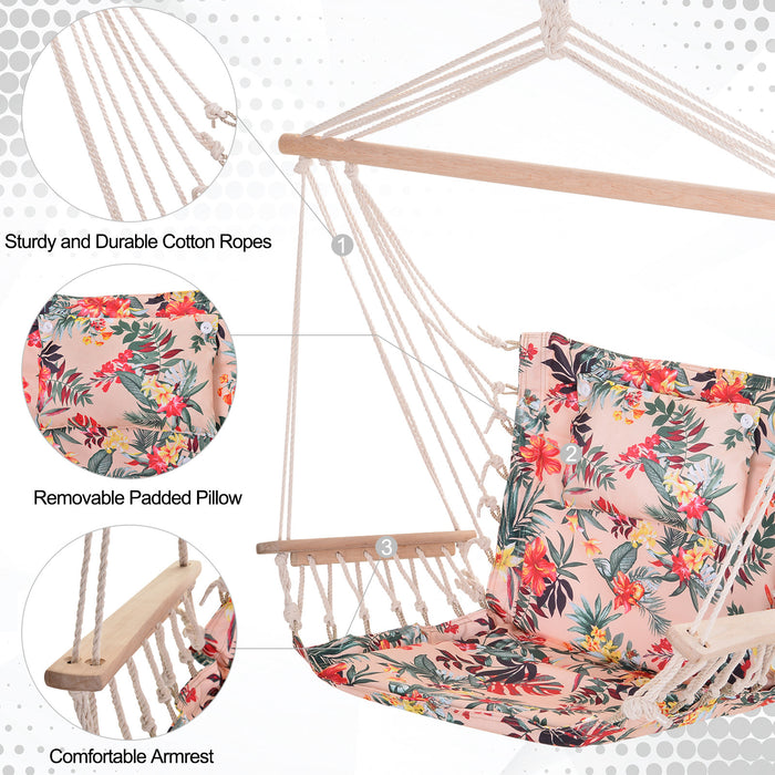 Hanging Hammock Chair with Thick Rope and Wooden Arms - Safe, Wide Seat with Stylish Multicoloured Floral Design for Outdoor Gardens - Comfortable Lounging for Your Personal Relaxation Spot