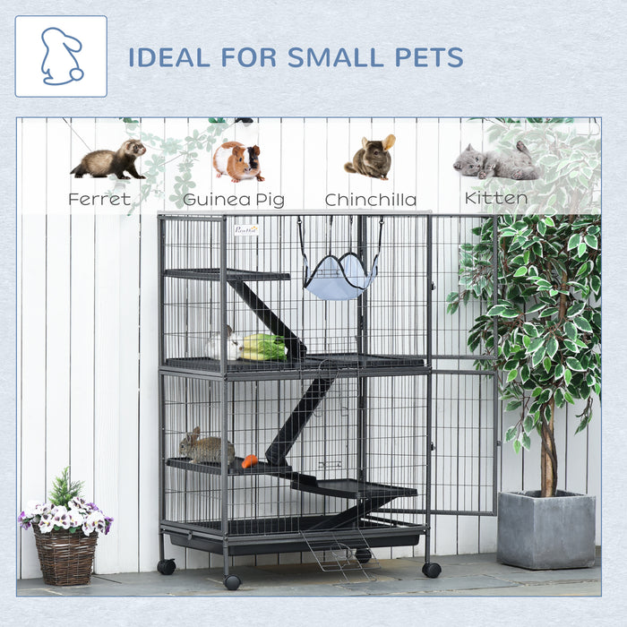 Mobile Small Pet Habitat - Chinchilla, Ferret & Kitten Enclosure with Hammocks and Removable Tray, Silver Grey - Easy Cleaning & Transportation