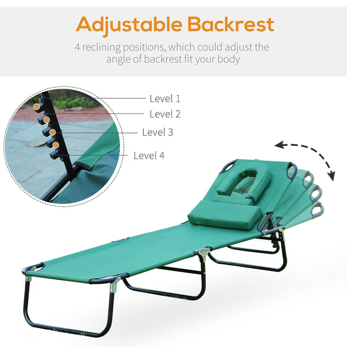 Foldable Sun Lounger with Adjustable Backrest - Comfortable Reclining Chair with Pillow & Reading Hole for Outdoors - Ideal for Garden, Beach Relaxation in Dark Green