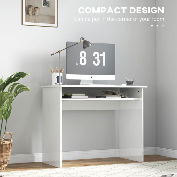 Modern High Gloss White Computer Table - 90x50cm Home Office Desk with Storage Shelf - Compact Writing Space for Small Areas