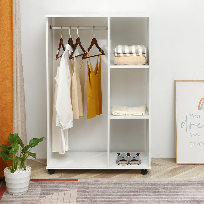 Open Wardrobe with Hanging Rail - Wheeled Storage Unit with Shelves for Bedroom - Versatile Organizing Solution in White