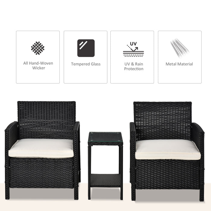 Outdoor Rattan 3-Piece Bistro Set - Wicker Weave Jack and Jill Seat with Cushioned Sofa Chairs & Table - Ideal for Patio, Garden, and Conservatory Entertainment