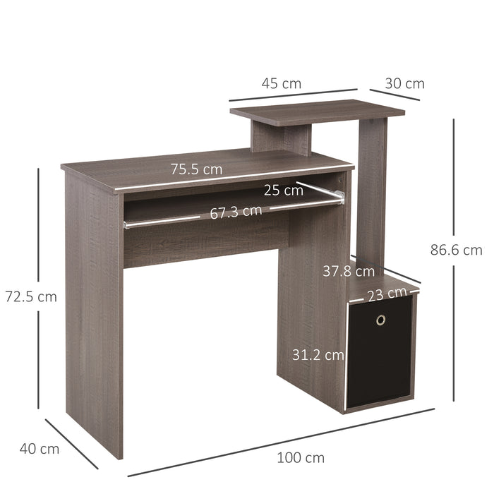 Compact Grey Computer Desk with Sliding Keyboard Tray - Home Office Workstation with Storage Drawer and Shelf - Ideal for Working, Gaming, Studying