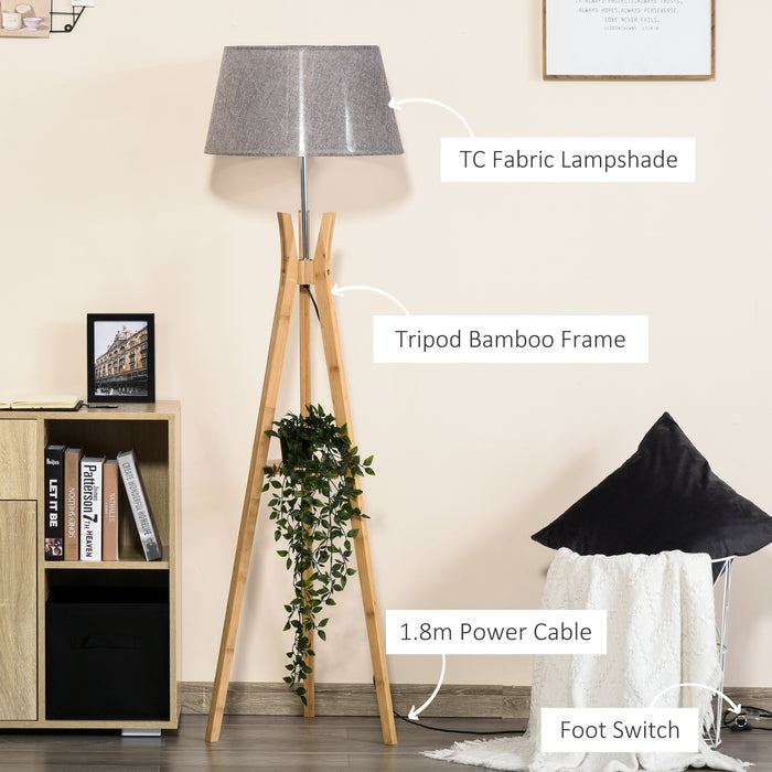 Natural Wood Tripod Floor Lamp with Fabric Shade - E27 Base, Storage Shelf, Foot Switch for Easy Operation - Perfect for Bedroom and Living Room Ambiance, 156cm, Grey