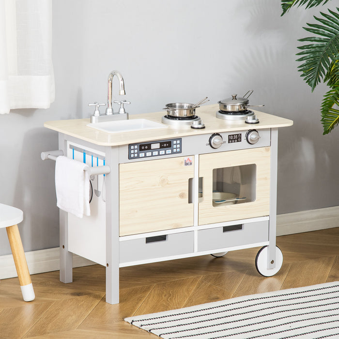 Educational Play Kitchen Set for Kids - Interactive Cooking Role Playset with Sink, Mobile Cart, and Storage Drawers - Imaginative Fun for Aspiring Young Chefs