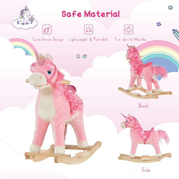 Plush Unicorn Rocking Horse - Soft Pink Ride-On Toy with Sound Effects - Entertaining and Soothing Play for Children