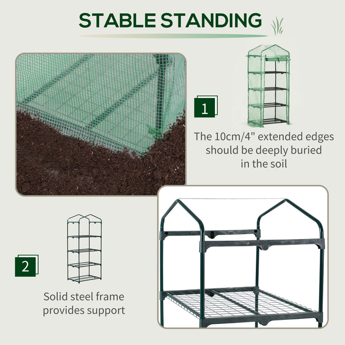 4 Tier Mini Greenhouse - Compact Portable Structure with PE Cover & Steel Frame, Roll-up Door - Ideal for Limited Space Gardening and Plant Protection