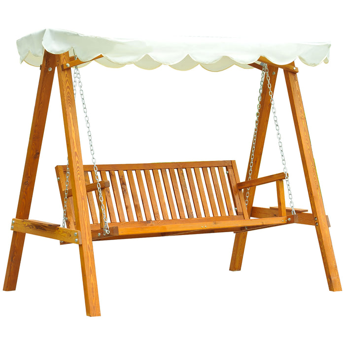 3-Seater Wooden Garden Swing Seat - Outdoor Hammock Bench with Cream White Cushion - Relaxing Yard Furniture for Adults and Kids