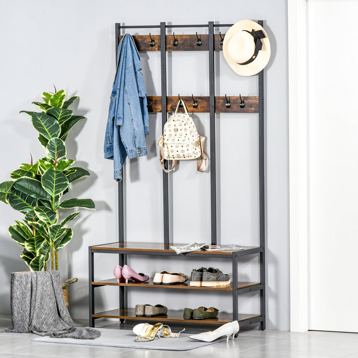 Free Standing Hall Tree with Shoe Bench - Coat Rack with Hooks in Rustic Brown & Black, 100x40x184cm - Ideal for Entryway Organization and Storage