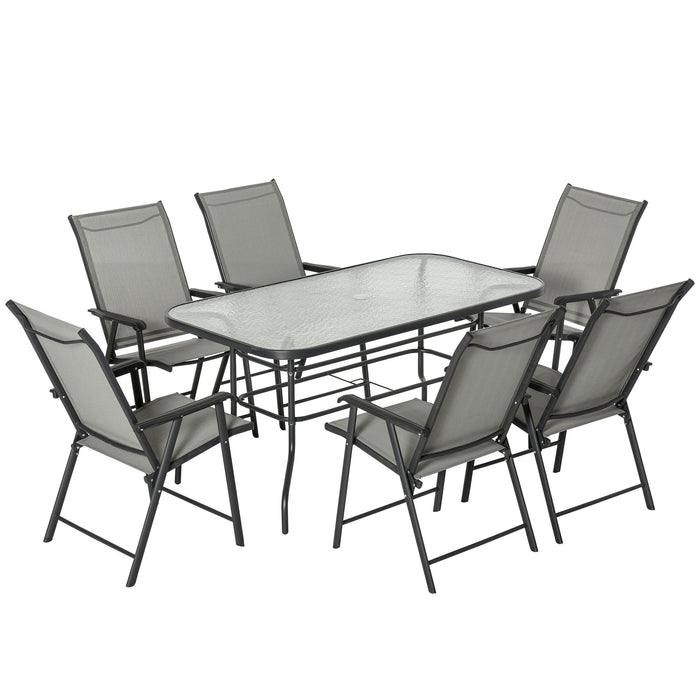 7-Piece Garden Patio Dining Set - Steel Frame, Foldable Chairs, Glass Tabletop, Texteline Seating with Black & Grey Cushions - Ideal for Outdoor Entertaining and Relaxation