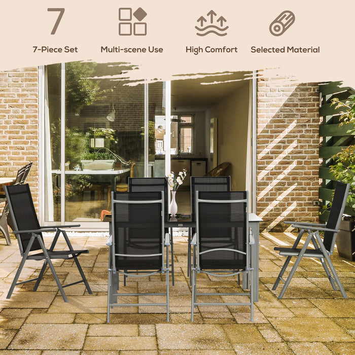 7-Piece Garden Dining Set with Tempered Glass Top & Texteline Seats - Outdoor Aluminium Frame Table & 6 Reclining Folding Chairs - Ideal for Patio Entertainment and Relaxation