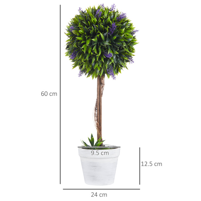 Artificial Plants Ball Trees with Lavender Flowers - Set of 2, Indoor/Outdoor Faux Decor, 60cm Tall - Elegant Home & Garden Accent