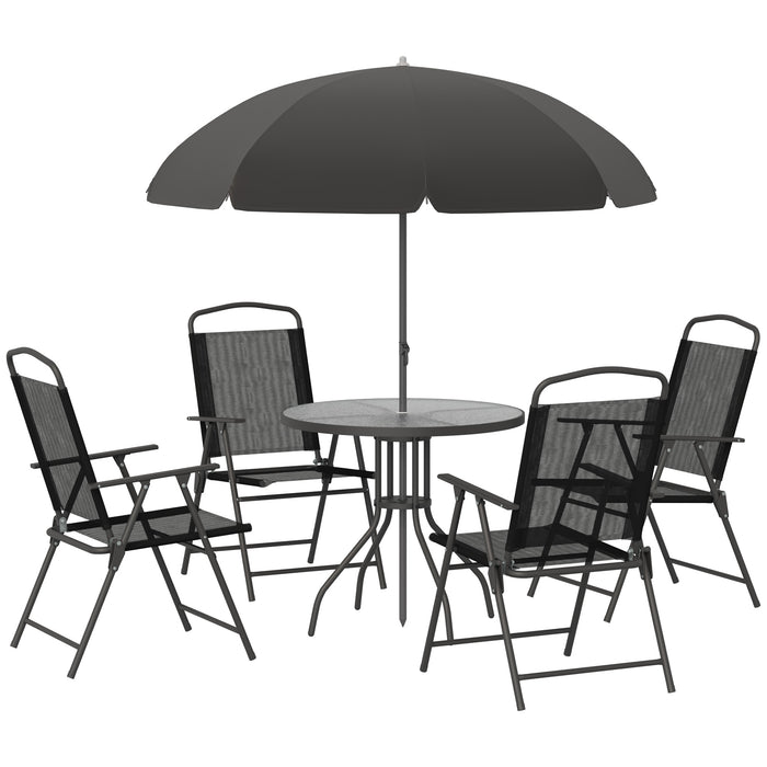 6-Piece Outdoor Bistro Set - Texteline Folding Chairs, Table, and Umbrella in Black - Ideal Patio Furniture for Garden and Dining