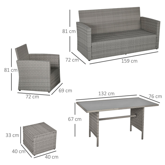 6-Piece Patio Dining Set - Outdoor PE Rattan Wicker Furniture with Tempered Glass Table and Grey Cushions - Ideal for Garden and Backyard Entertaining