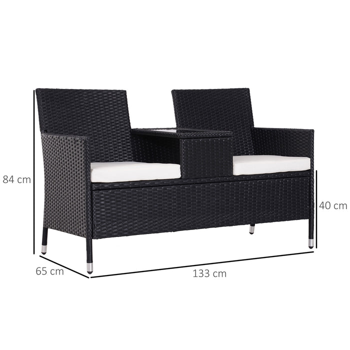 Garden Rattan Companion Bench - 2-Seater Wicker Love Seat with Cushions - Ideal for Patio & Outdoor Seating (Black)