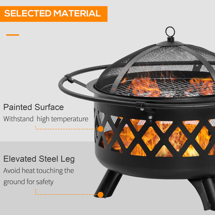 2-in-1 Outdoor Fire Pit and BBQ Grill - Patio Heater, Wood Charcoal Burner with Spark Screen and Poker - Perfect for Backyard Bonfires and Cooking