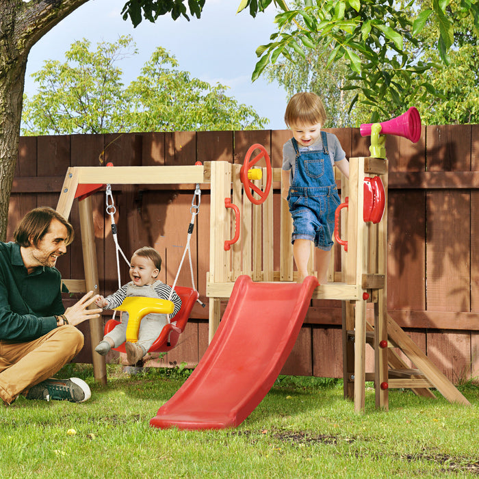 Toddler Wooden Swing and Slide Combo - Durable Red and Brown Outdoor Playset for Ages 18-48 Months - Fun Backyard Activity for Young Children