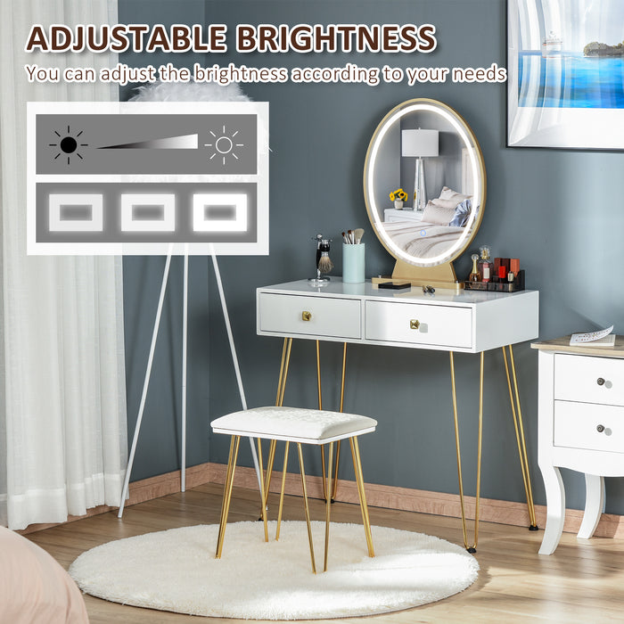 Vanity Makeup Desk with Illuminated Round Mirror - Elegant White Dressing Table Set with LED Light & 2 Storage Drawers - Includes Comfortable Cushioned Stool for Bedroom Décor