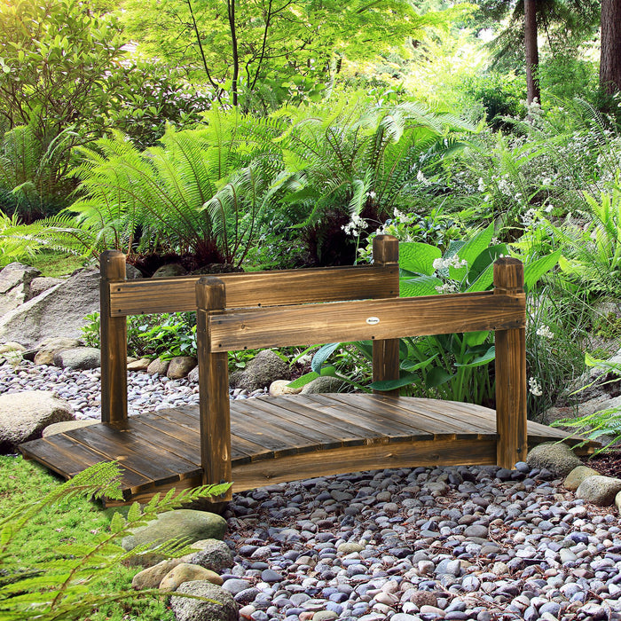 Wooden Garden Bridge with Planters - 5FT Stained Finish Arc Footbridge with Safety Railings - Enhances Pond or Backyard Landscaping Appeal