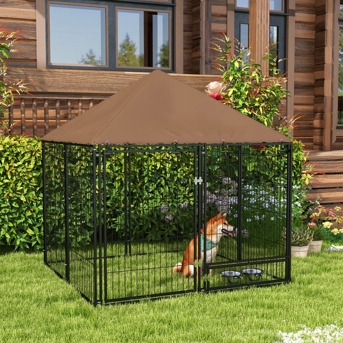 Heavy-Duty Outdoor Dog Kennel and Puppy Play Pen - Garden Playpen Fence with Canopy, Enclosure Cage, and Rotating Bowl - Perfect for Pet Safety and Playtime, 141 x 141 x 151 cm