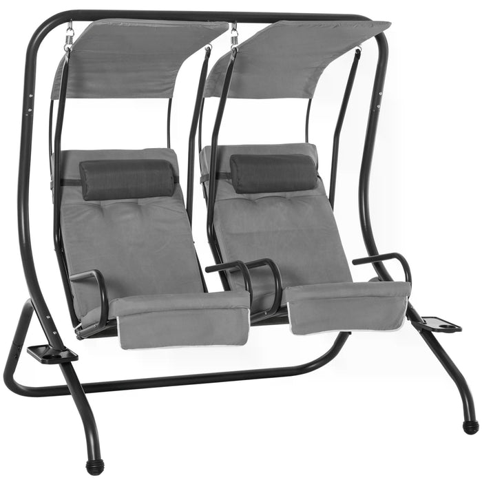 Double Seat Swing Chair - Contemporary 2-Person Garden Swing with Handrails, Headrests & Detachable Canopy in Grey - Outdoor Leisure & Comfort for Couples or Friends