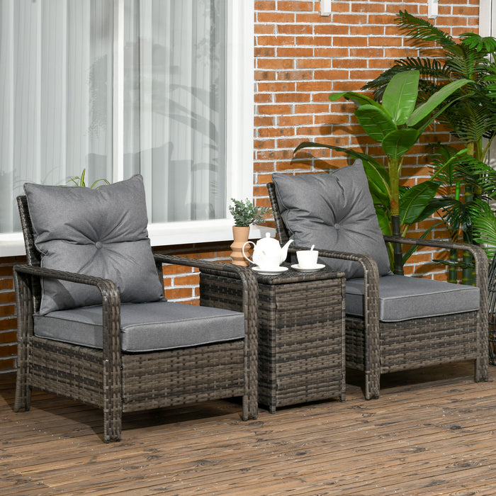 PE Rattan Wicker Bistro Set - 3-Piece Garden Furniture with Storage Table, Sofa, and Chairs - Ideal for Patio and Conservatory with Grey Cushions