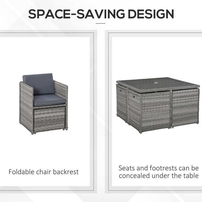 8-Seater Rattan Dining Set - Patio Garden Wicker Cube Sofa with Umbrella Hole Table, Mixed Grey - Perfect for Indoor & Outdoor Entertaining